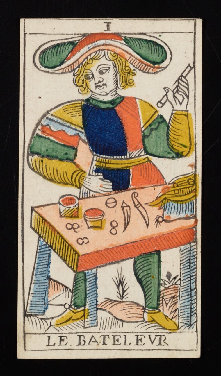 The Magician in Claude Burdel’s 1751 Tarot de Marseille. Read through number, suit, geometry, posture, direction, and visible relationships.
