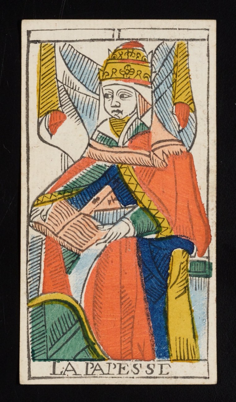 The High Priestess in Claude Burdel’s 1751 Tarot de Marseille. Read through number, suit, geometry, posture, direction, and visible relationships.