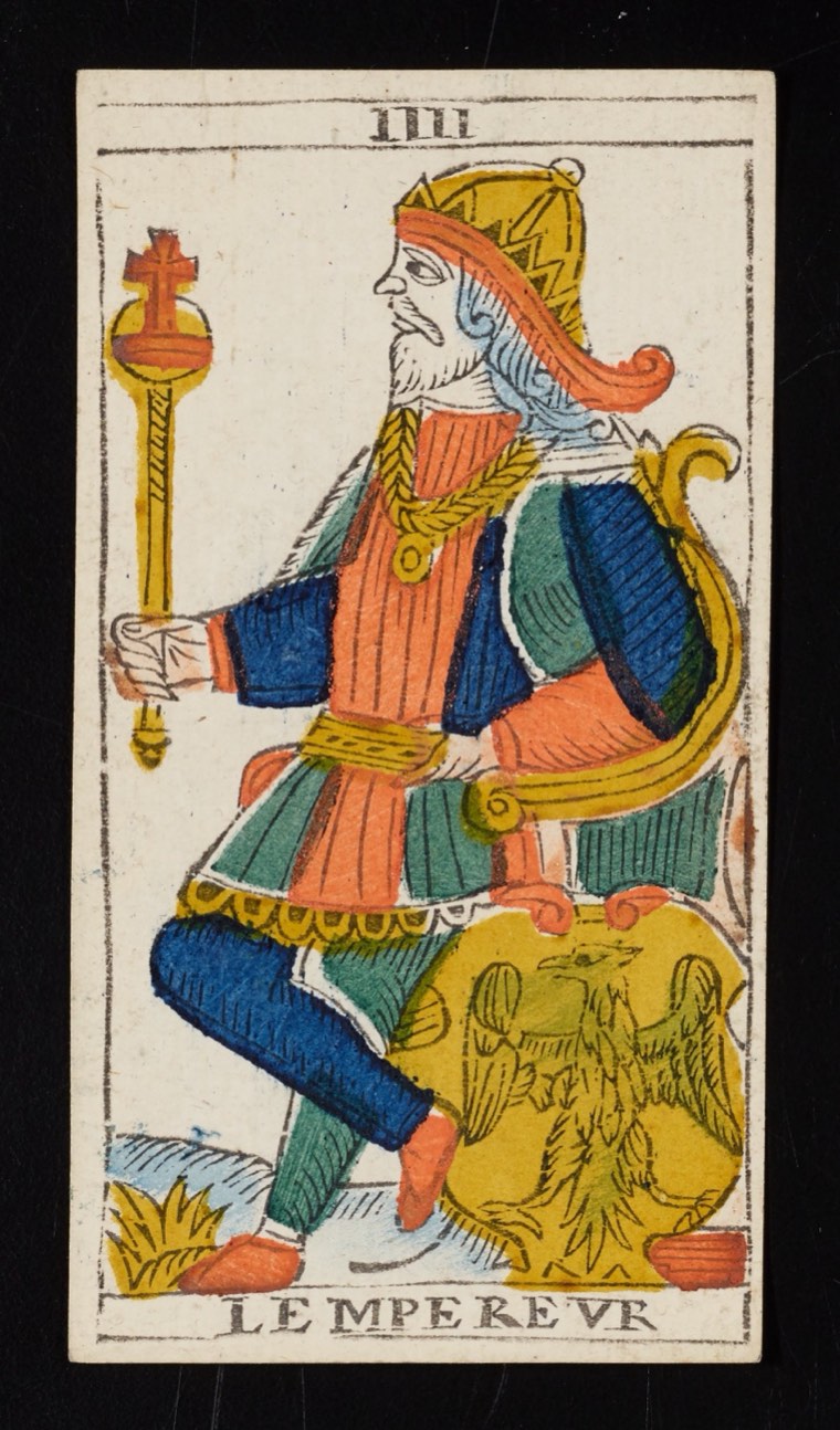 The Emperor in Claude Burdel’s 1751 Tarot de Marseille. Read through number, suit, geometry, posture, direction, and visible relationships.