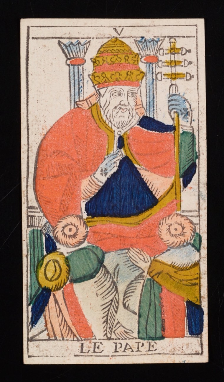 The Hierophant in Claude Burdel’s 1751 Tarot de Marseille. Read through number, suit, geometry, posture, direction, and visible relationships.