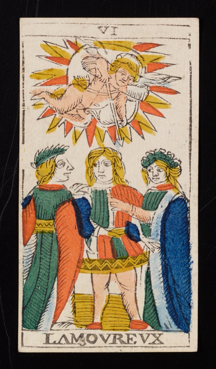 The Lovers in Claude Burdel’s 1751 Tarot de Marseille. Read through number, suit, geometry, posture, direction, and visible relationships.