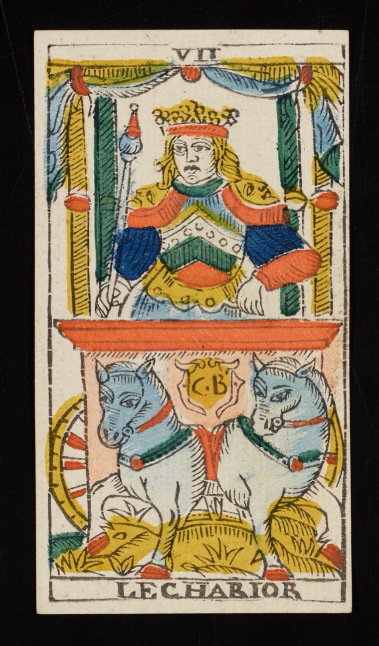 The Chariot in Claude Burdel’s 1751 Tarot de Marseille. Read through number, suit, geometry, posture, direction, and visible relationships.
