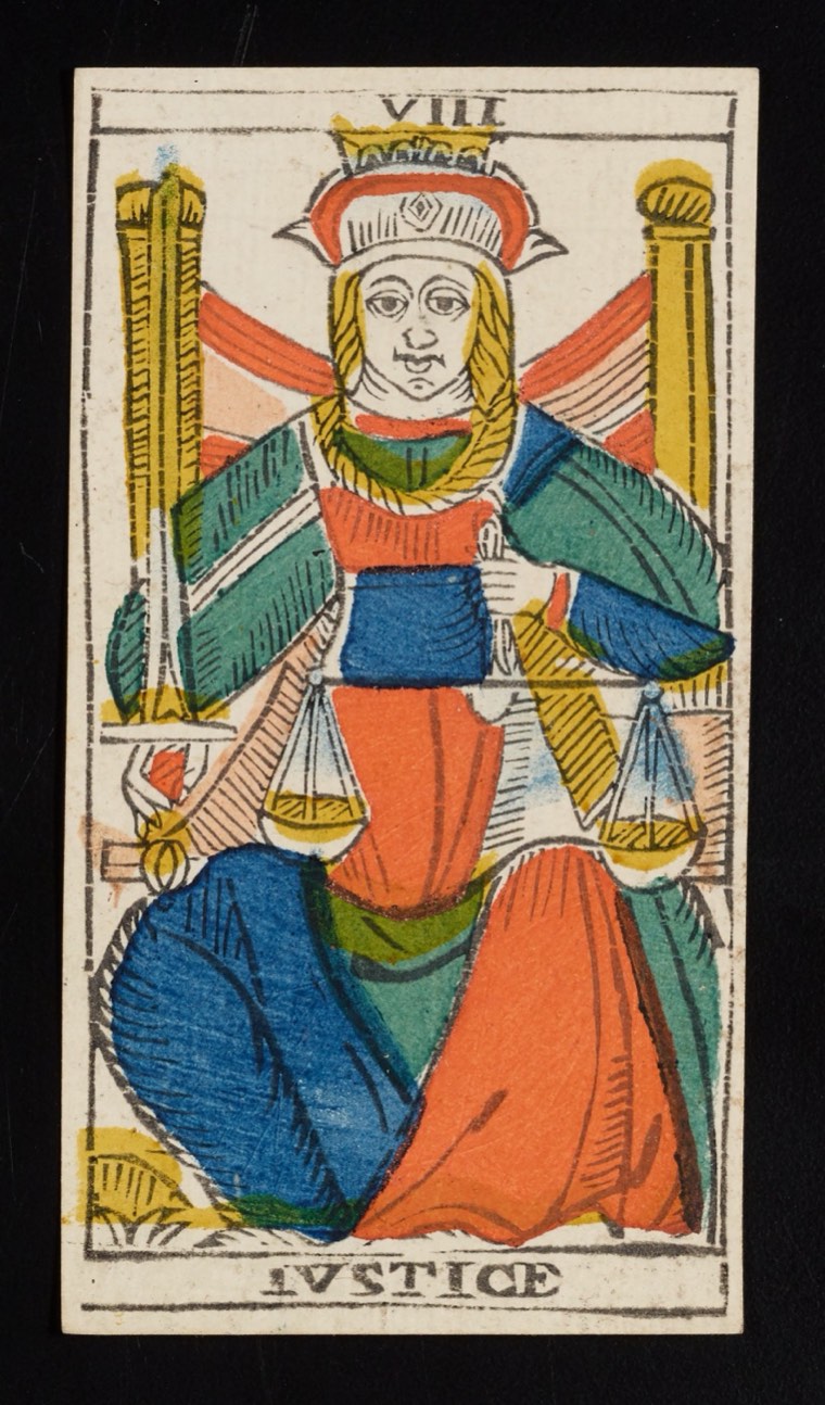 Strength in Claude Burdel’s 1751 Tarot de Marseille. Read through number, suit, geometry, posture, direction, and visible relationships.
