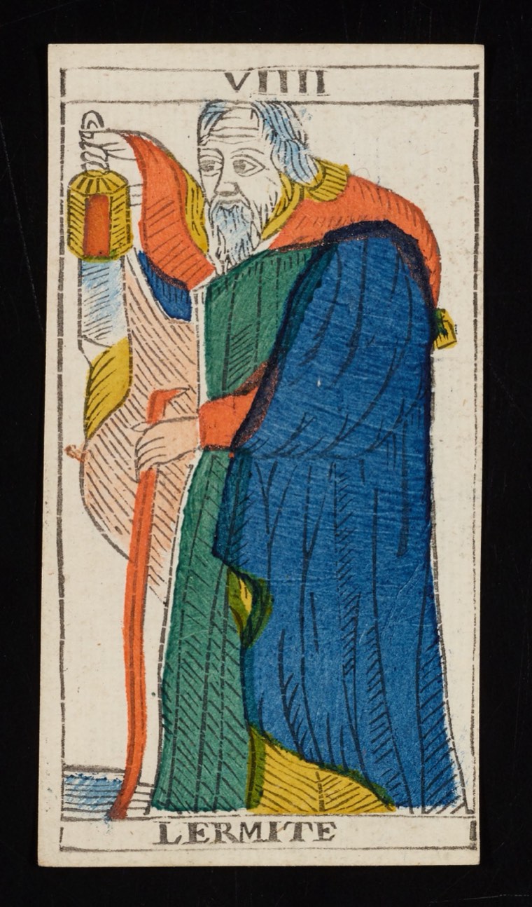 The Hermit in Claude Burdel’s 1751 Tarot de Marseille. Read through number, suit, geometry, posture, direction, and visible relationships.