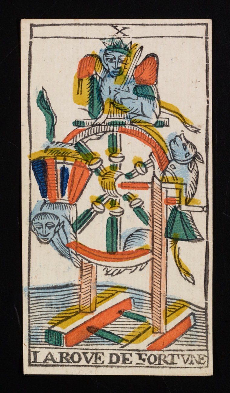 Wheel of Fortune in Claude Burdel’s 1751 Tarot de Marseille. Read through number, suit, geometry, posture, direction, and visible relationships.