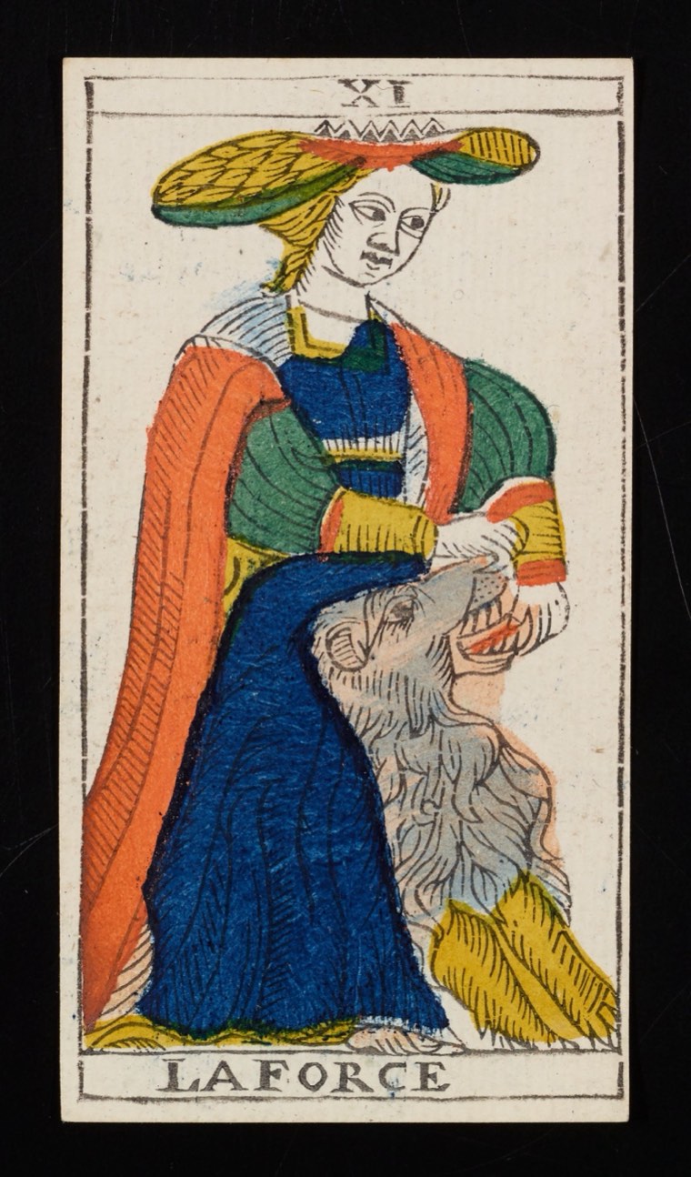 Justice in Claude Burdel’s 1751 Tarot de Marseille. Read through number, suit, geometry, posture, direction, and visible relationships.