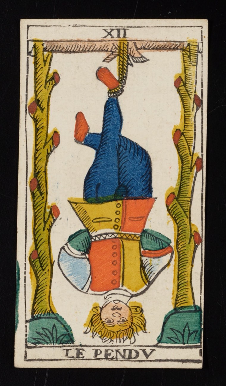 The Hanged Man in Claude Burdel’s 1751 Tarot de Marseille. Read through number, suit, geometry, posture, direction, and visible relationships.