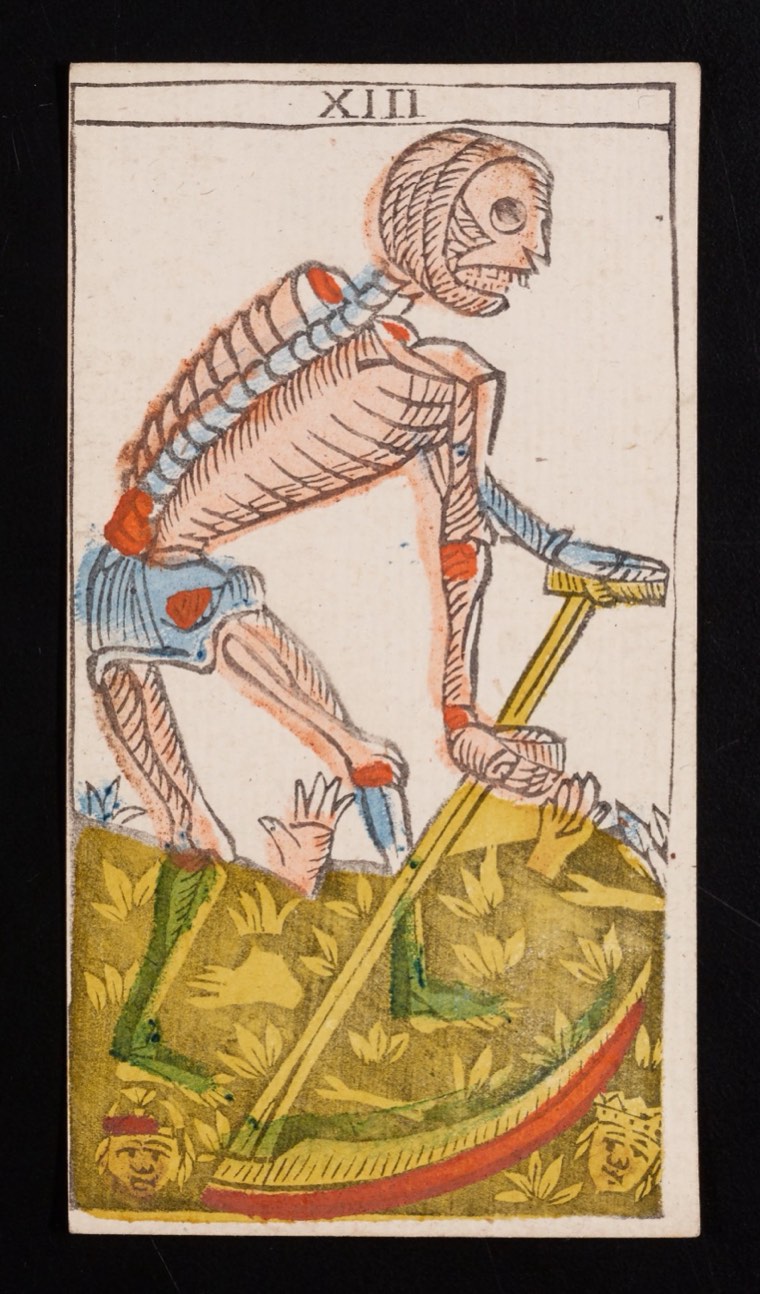 Death in Claude Burdel’s 1751 Tarot de Marseille. Read through number, suit, geometry, posture, direction, and visible relationships.