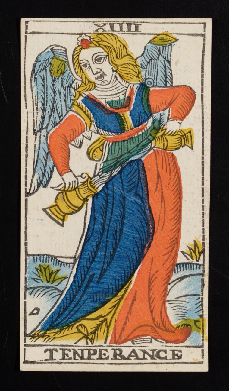 Temperance in Claude Burdel’s 1751 Tarot de Marseille. Read through number, suit, geometry, posture, direction, and visible relationships.