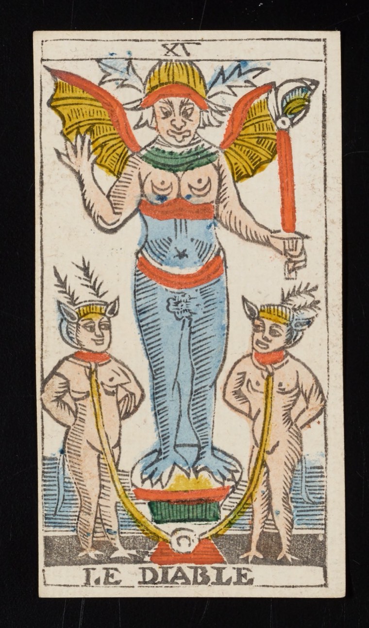 The Devil in Claude Burdel’s 1751 Tarot de Marseille. Read through number, suit, geometry, posture, direction, and visible relationships.