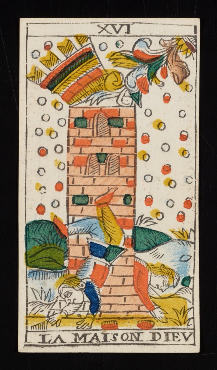 The Tower in Claude Burdel’s 1751 Tarot de Marseille. Read through number, suit, geometry, posture, direction, and visible relationships.