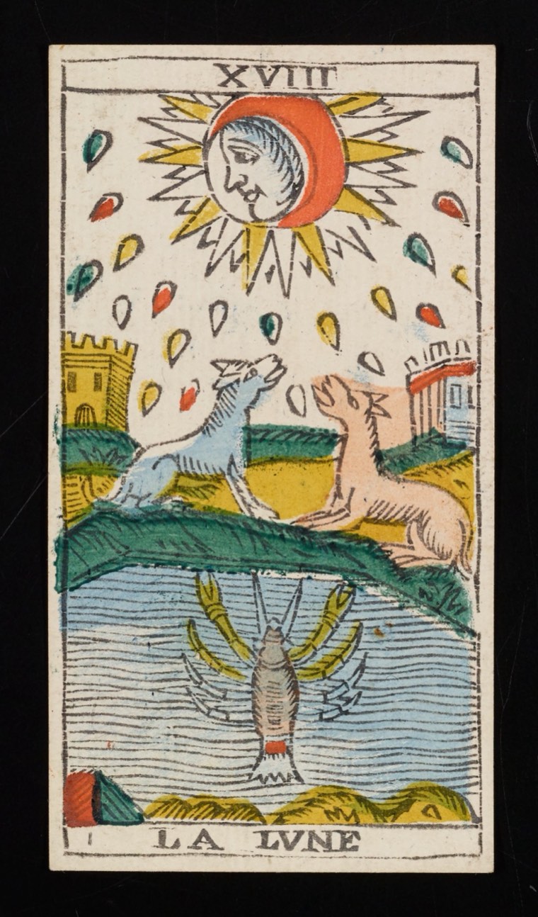 The Moon in Claude Burdel’s 1751 Tarot de Marseille. Read through number, suit, geometry, posture, direction, and visible relationships.