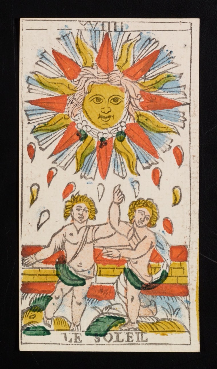 The Sun in Claude Burdel’s 1751 Tarot de Marseille. Read through number, suit, geometry, posture, direction, and visible relationships.