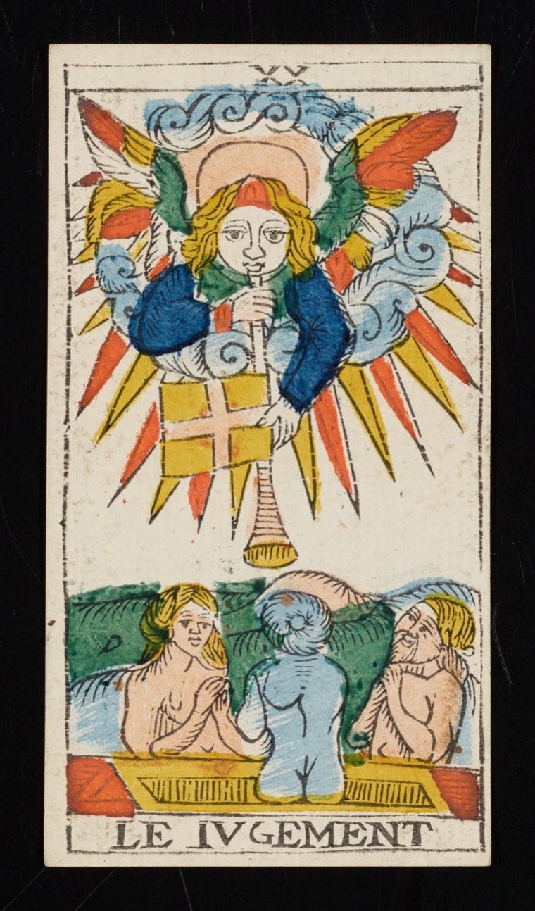 Judgement in Claude Burdel’s 1751 Tarot de Marseille. Read through number, suit, geometry, posture, direction, and visible relationships.