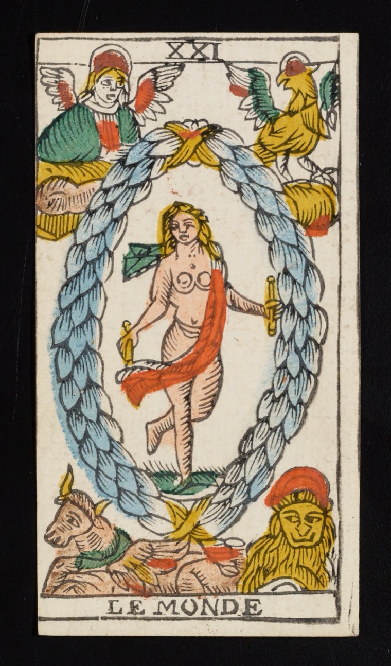 The World in Claude Burdel’s 1751 Tarot de Marseille. Read through number, suit, geometry, posture, direction, and visible relationships.