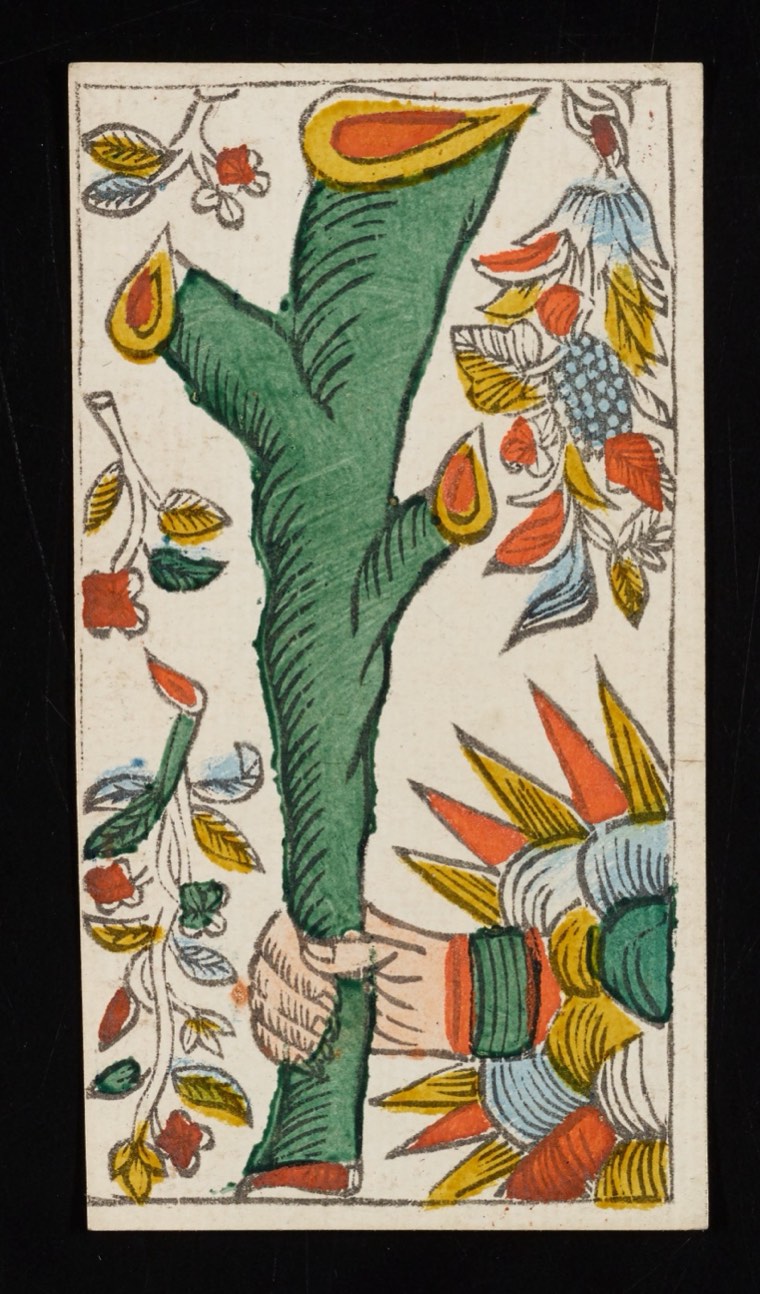 Ace of Wands in Claude Burdel’s 1751 Tarot de Marseille. Read through number, suit, geometry, posture, direction, and visible relationships.