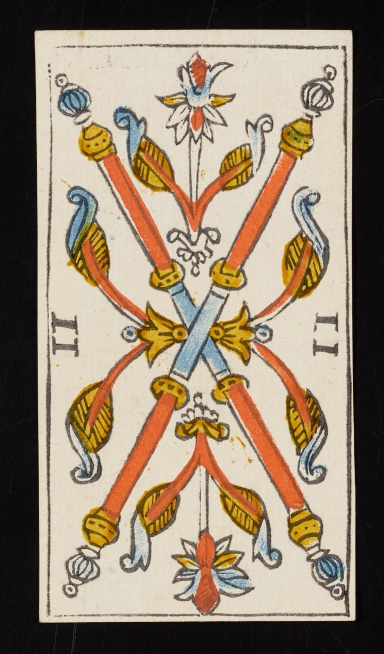 Two of Wands in Claude Burdel’s 1751 Tarot de Marseille. Read through number, suit, geometry, posture, direction, and visible relationships.