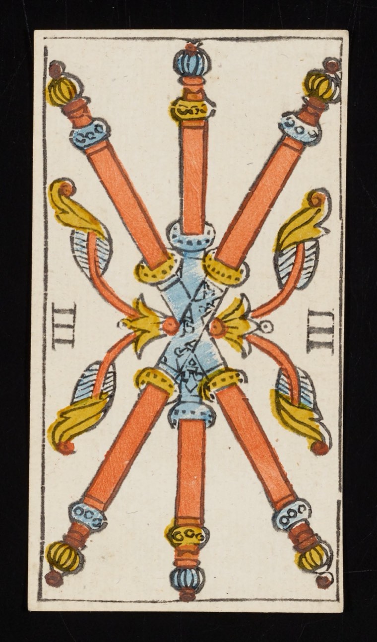 Three of Wands in Claude Burdel’s 1751 Tarot de Marseille. Read through number, suit, geometry, posture, direction, and visible relationships.