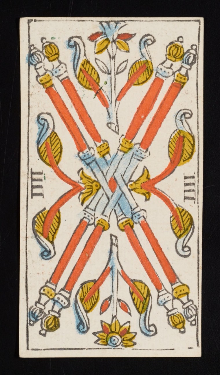 Four of Wands in Claude Burdel’s 1751 Tarot de Marseille. Read through number, suit, geometry, posture, direction, and visible relationships.