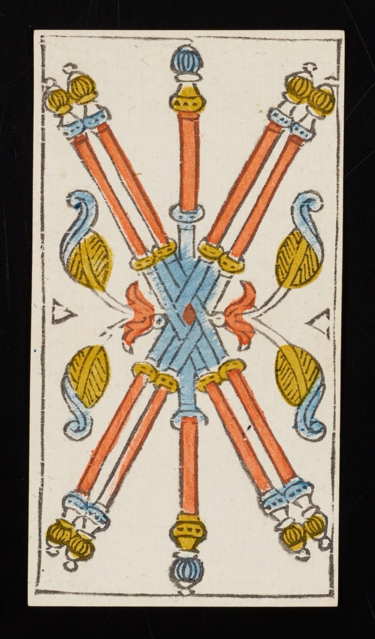 Five of Wands in Claude Burdel’s 1751 Tarot de Marseille. Read through number, suit, geometry, posture, direction, and visible relationships.