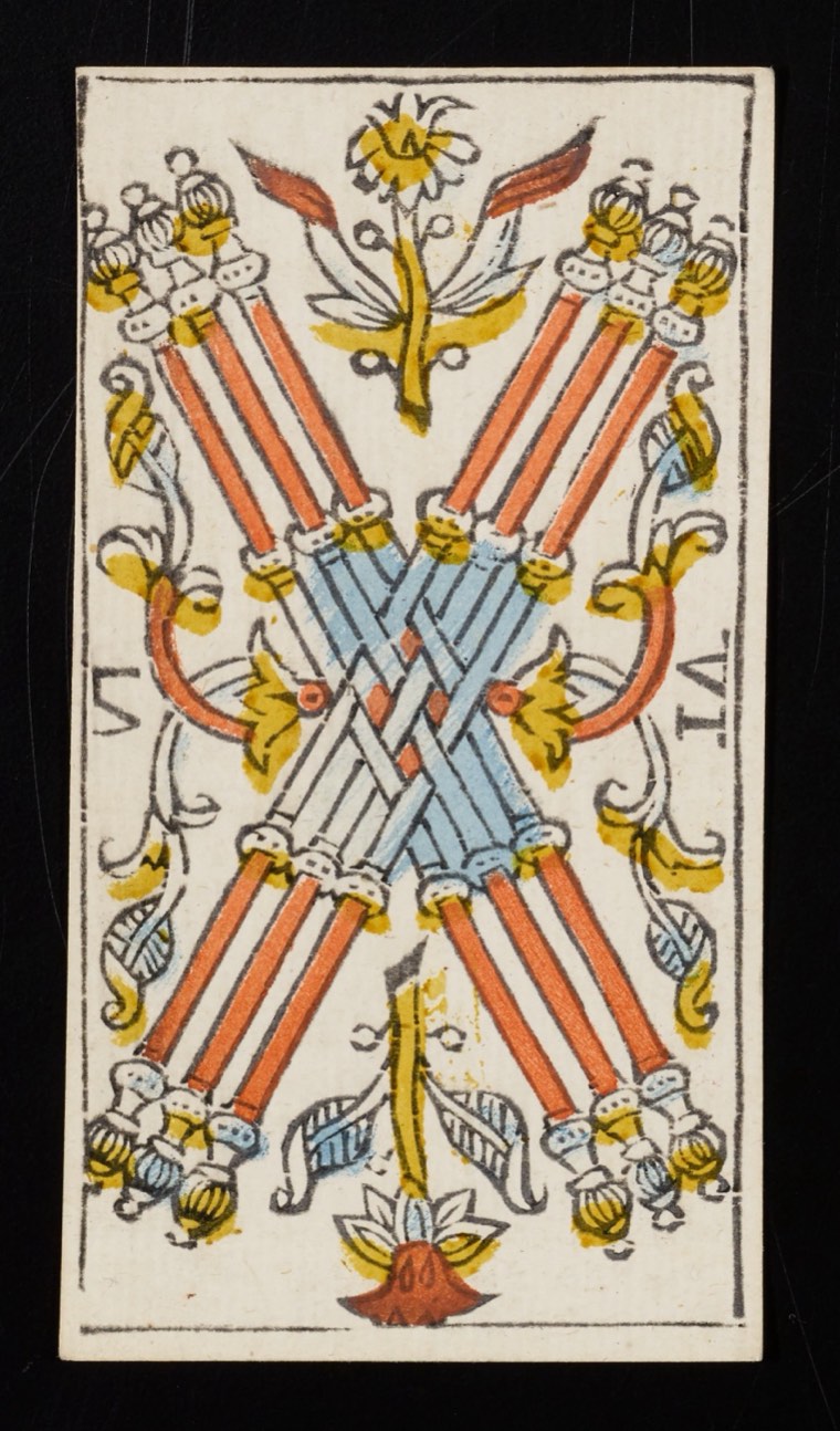 Six of Wands in Claude Burdel’s 1751 Tarot de Marseille. Read through number, suit, geometry, posture, direction, and visible relationships.