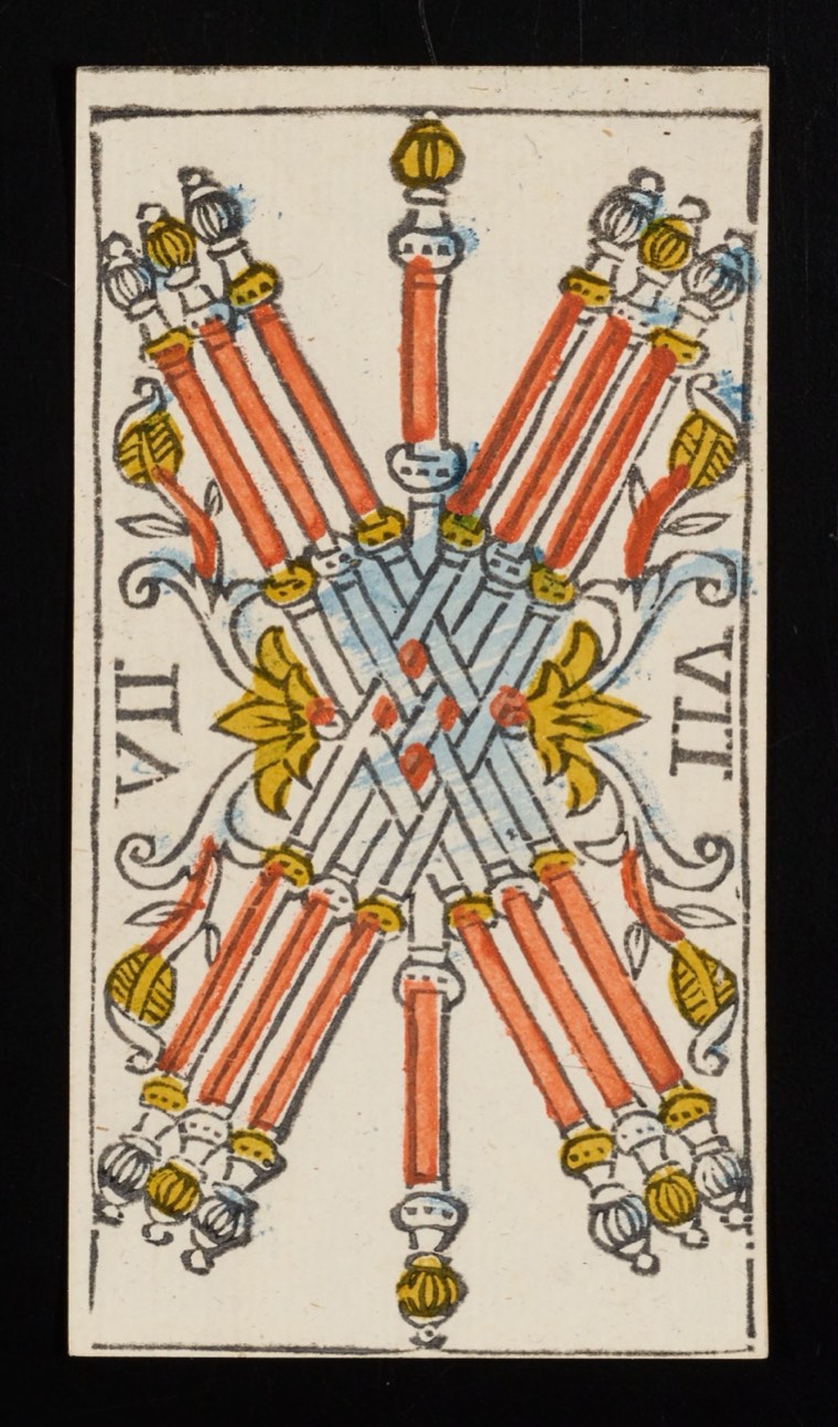 Seven of Wands in Claude Burdel’s 1751 Tarot de Marseille. Read through number, suit, geometry, posture, direction, and visible relationships.