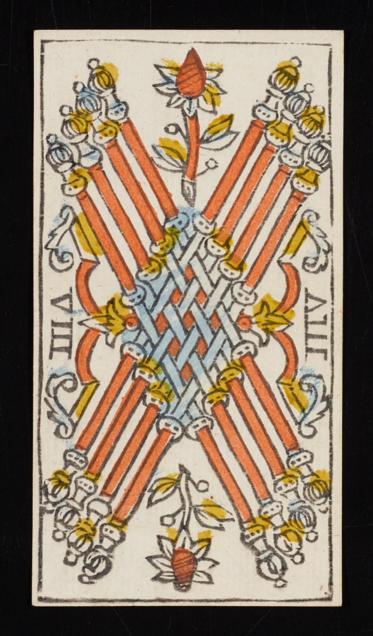 Eight of Wands in Claude Burdel’s 1751 Tarot de Marseille. Read through number, suit, geometry, posture, direction, and visible relationships.