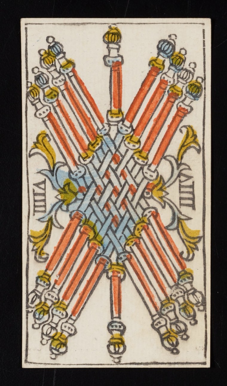 Nine of Wands in Claude Burdel’s 1751 Tarot de Marseille. Read through number, suit, geometry, posture, direction, and visible relationships.