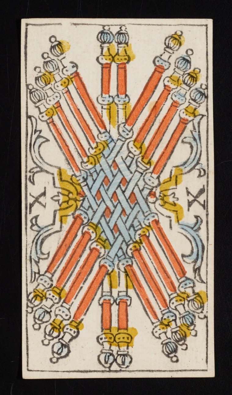 Ten of Wands in Claude Burdel’s 1751 Tarot de Marseille. Read through number, suit, geometry, posture, direction, and visible relationships.