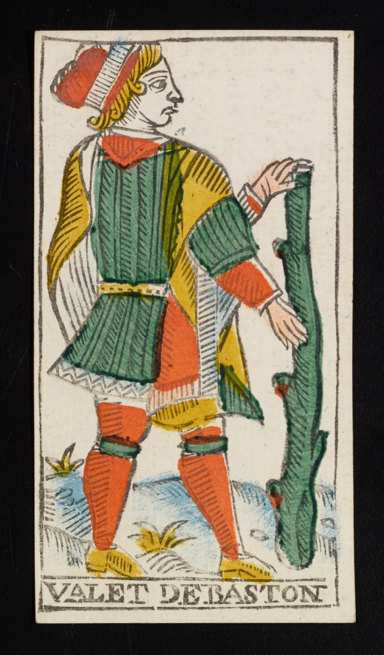 Page of Wands in Claude Burdel’s 1751 Tarot de Marseille. Read through number, suit, geometry, posture, direction, and visible relationships.