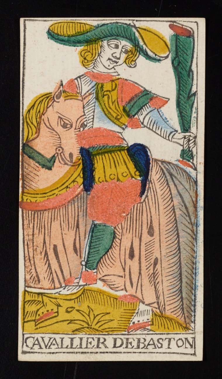 Knight of Wands in Claude Burdel’s 1751 Tarot de Marseille. Read through number, suit, geometry, posture, direction, and visible relationships.