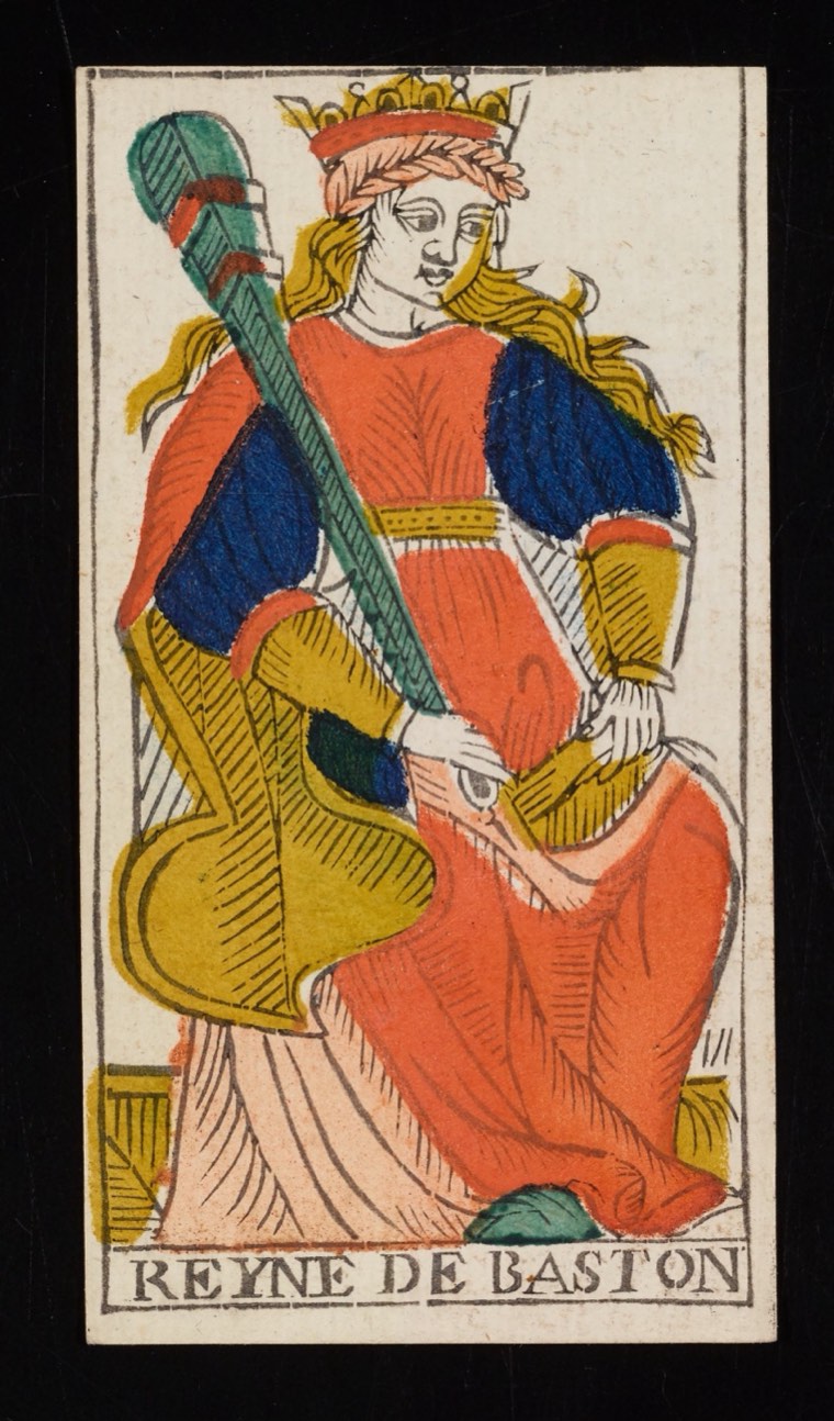 Queen of Wands in Claude Burdel’s 1751 Tarot de Marseille. Read through number, suit, geometry, posture, direction, and visible relationships.