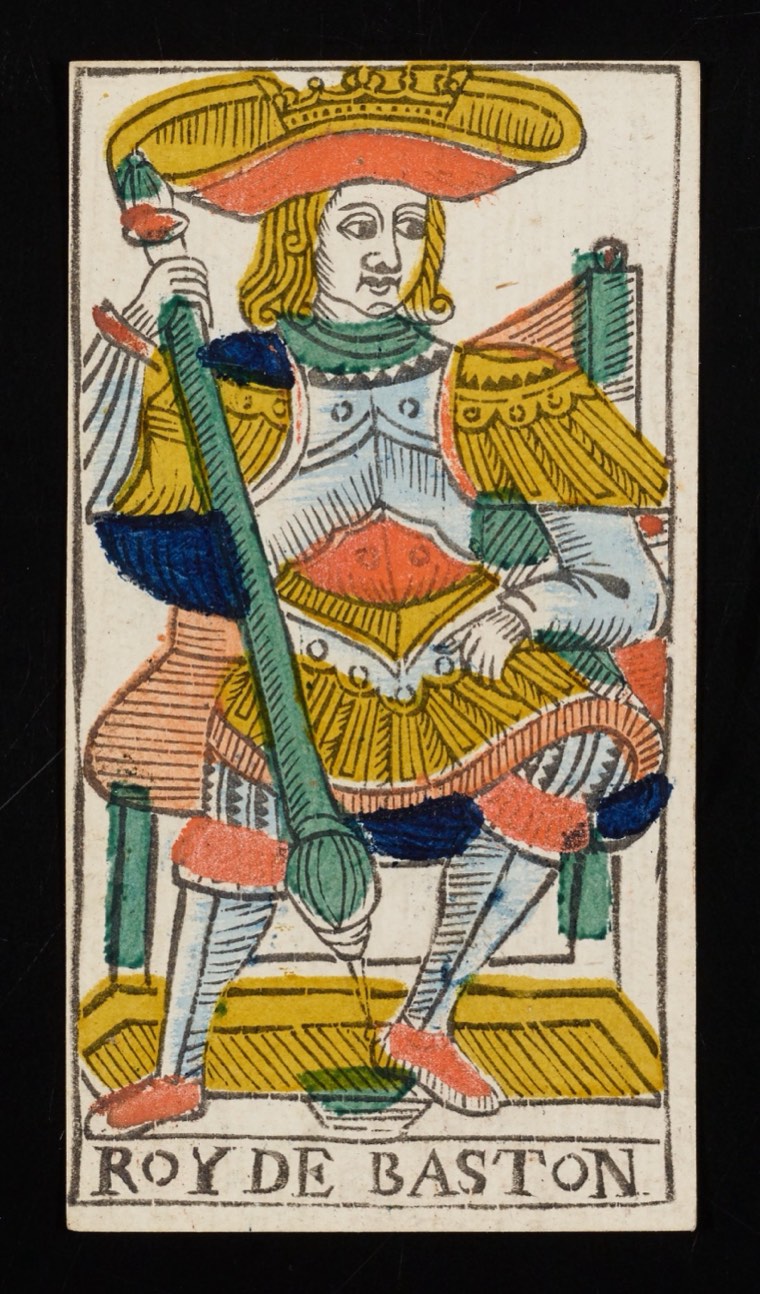 King of Wands in Claude Burdel’s 1751 Tarot de Marseille. Read through number, suit, geometry, posture, direction, and visible relationships.