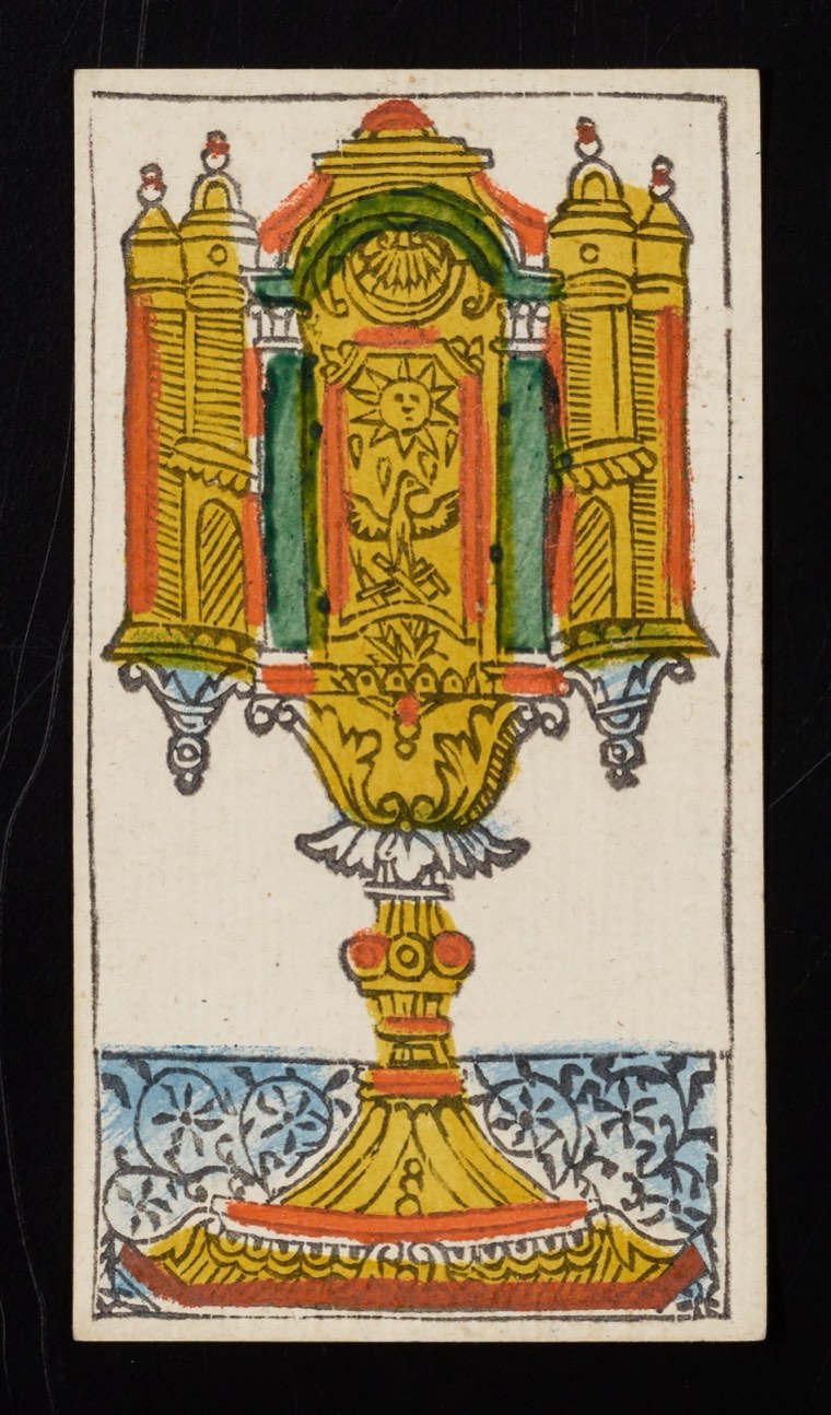 Ace of Cups in Claude Burdel’s 1751 Tarot de Marseille. Read through number, suit, geometry, posture, direction, and visible relationships.
