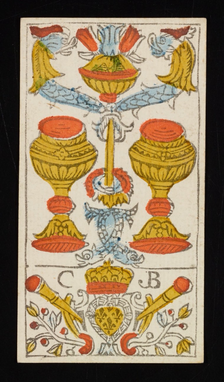 Two of Cups in Claude Burdel’s 1751 Tarot de Marseille. Read through number, suit, geometry, posture, direction, and visible relationships.