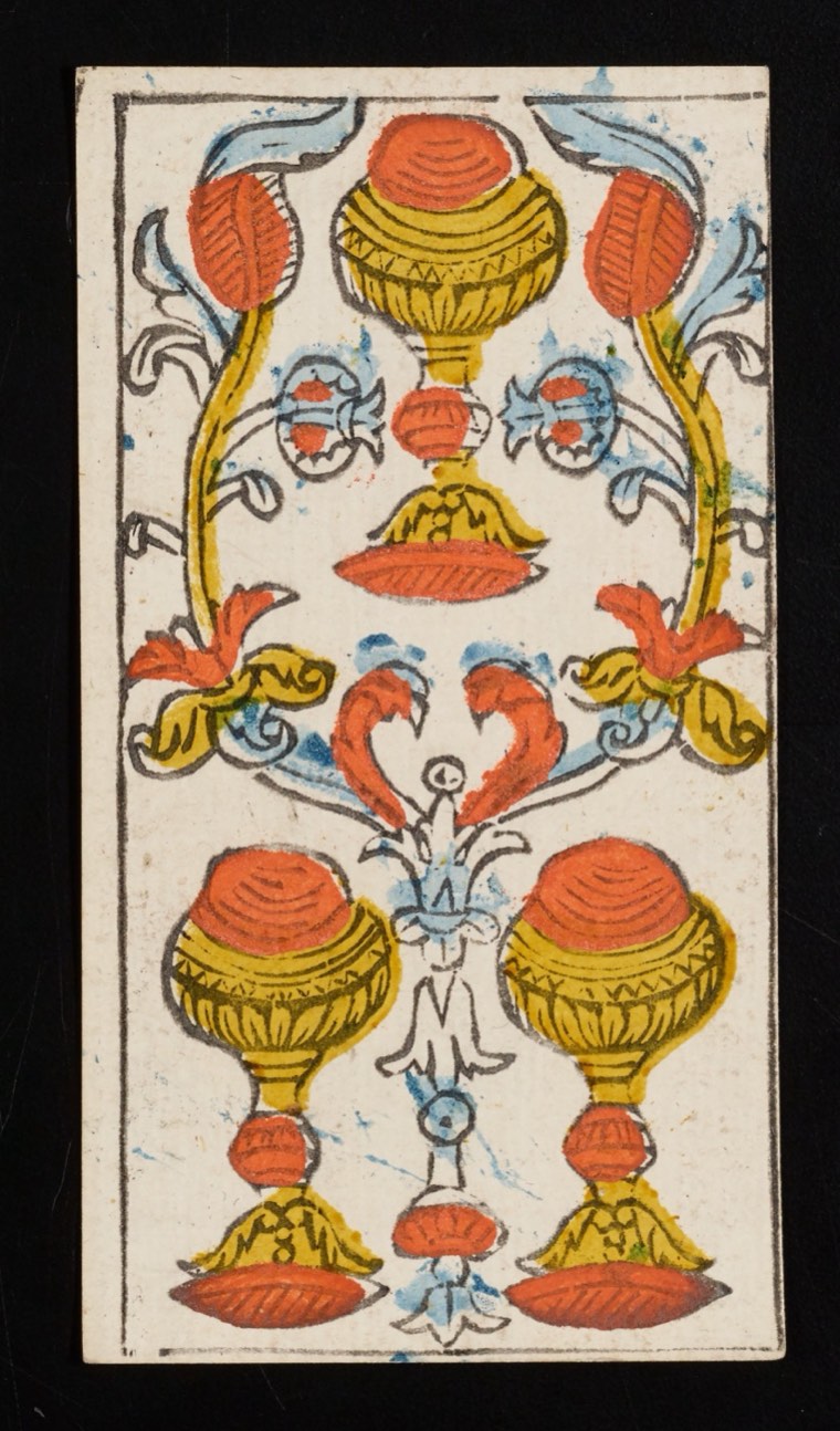 Three of Cups in Claude Burdel’s 1751 Tarot de Marseille. Read through number, suit, geometry, posture, direction, and visible relationships.