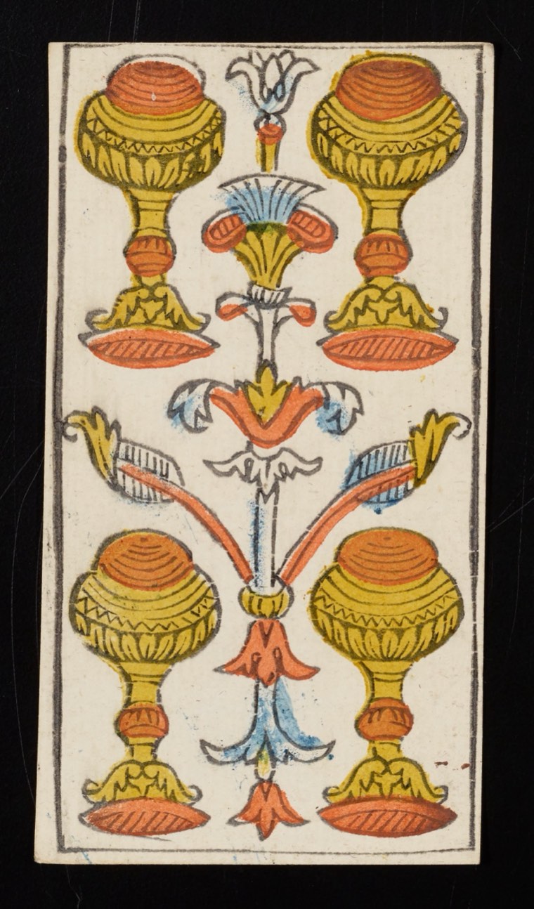 Four of Cups in Claude Burdel’s 1751 Tarot de Marseille. Read through number, suit, geometry, posture, direction, and visible relationships.