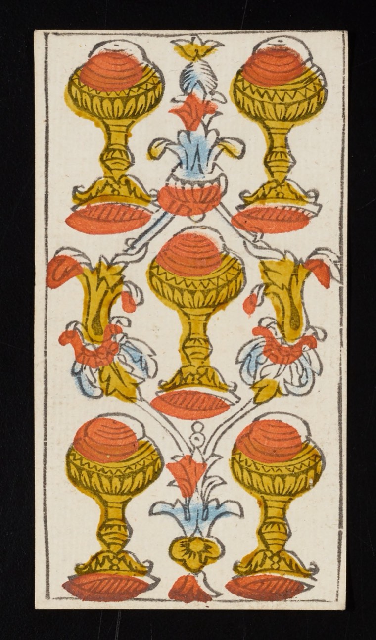 Five of Cups in Claude Burdel’s 1751 Tarot de Marseille. Read through number, suit, geometry, posture, direction, and visible relationships.
