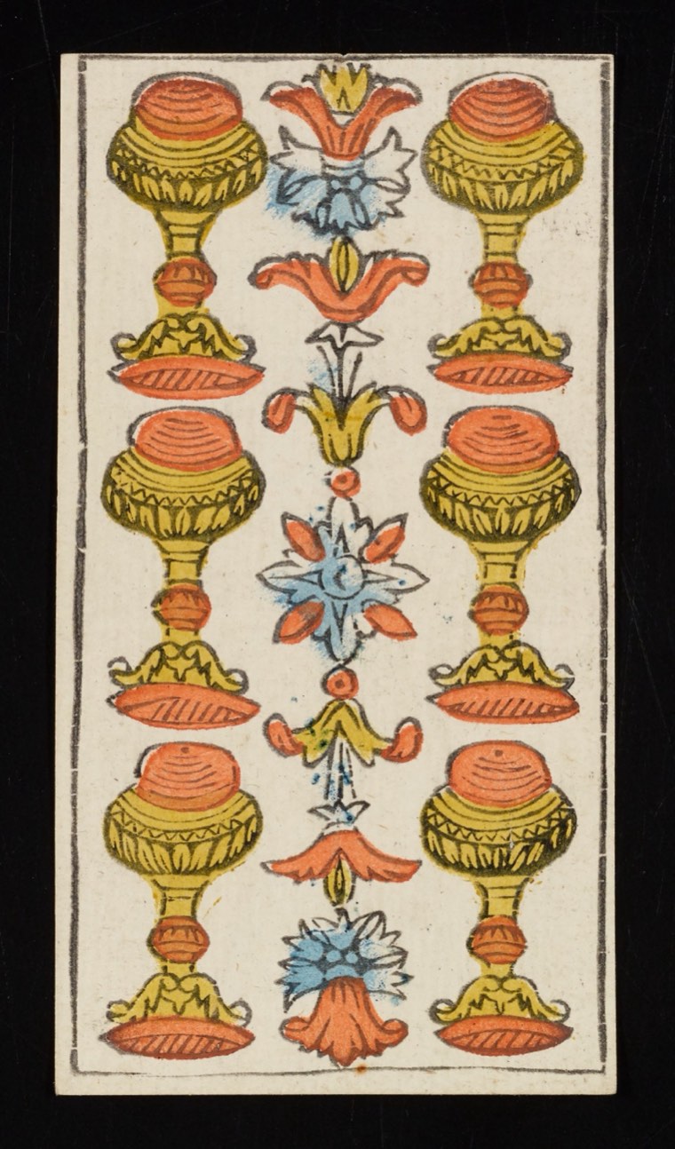 Six of Cups in Claude Burdel’s 1751 Tarot de Marseille. Read through number, suit, geometry, posture, direction, and visible relationships.