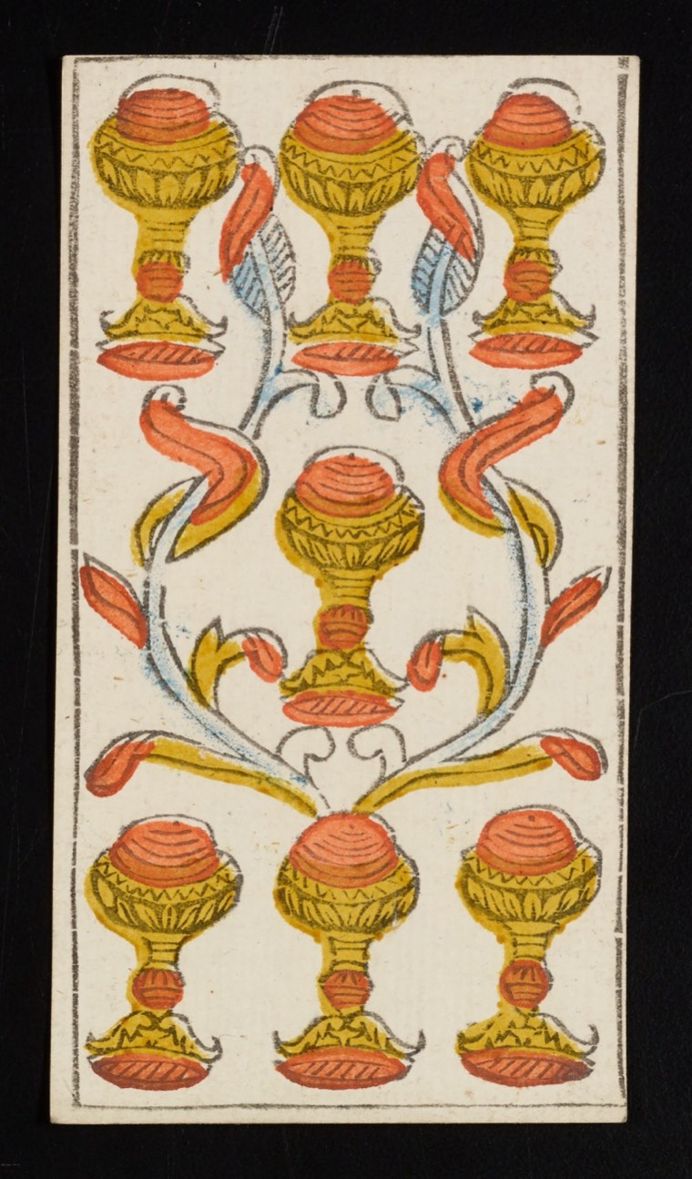 Seven of Cups in Claude Burdel’s 1751 Tarot de Marseille. Read through number, suit, geometry, posture, direction, and visible relationships.
