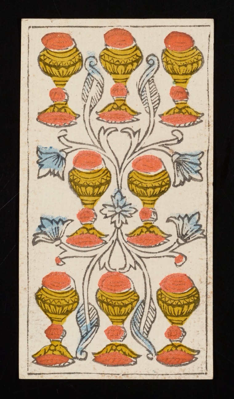 Eight of Cups in Claude Burdel’s 1751 Tarot de Marseille. Read through number, suit, geometry, posture, direction, and visible relationships.