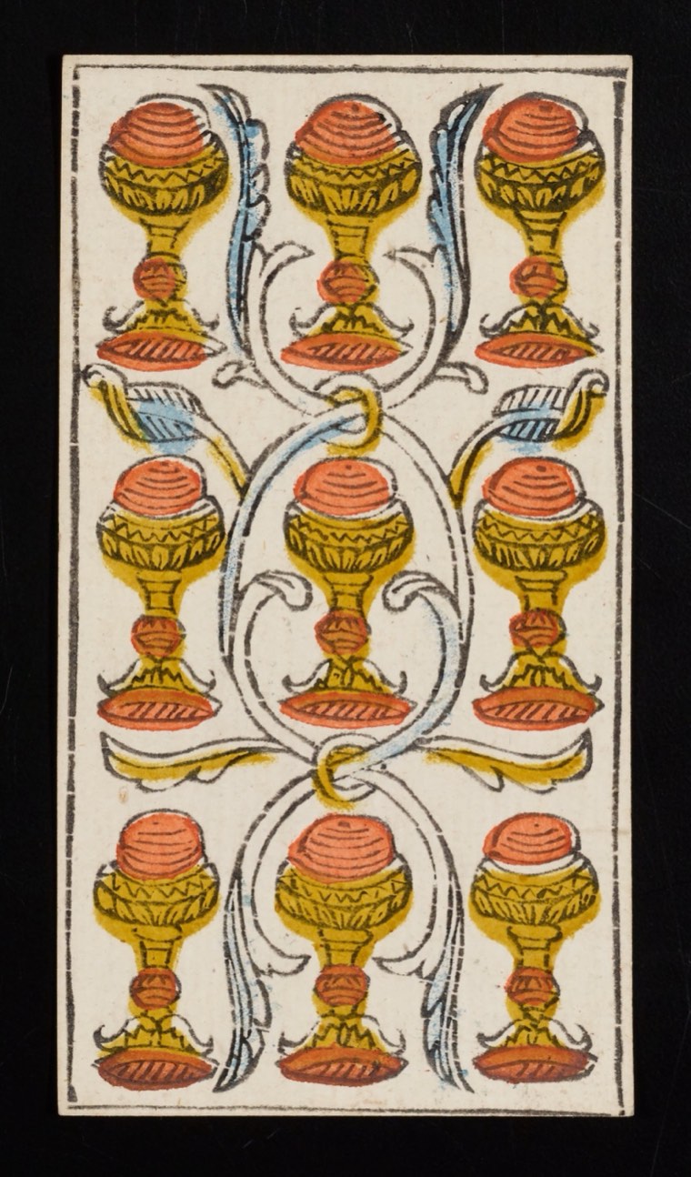 Nine of Cups in Claude Burdel’s 1751 Tarot de Marseille. Read through number, suit, geometry, posture, direction, and visible relationships.