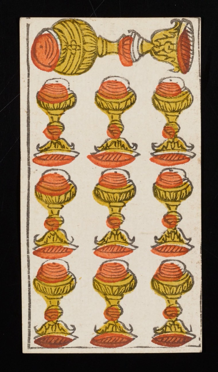 Ten of Cups in Claude Burdel’s 1751 Tarot de Marseille. Read through number, suit, geometry, posture, direction, and visible relationships.