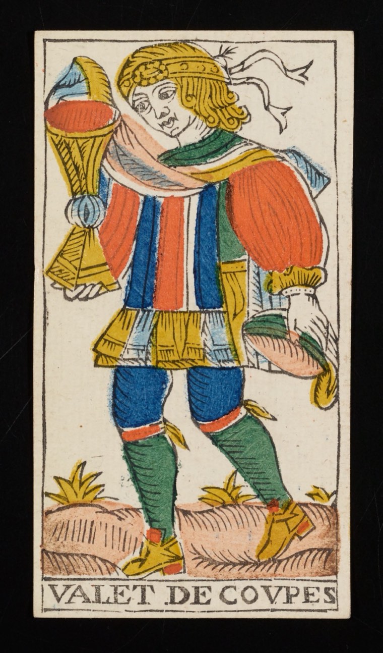 Page of Cups in Claude Burdel’s 1751 Tarot de Marseille. Read through number, suit, geometry, posture, direction, and visible relationships.