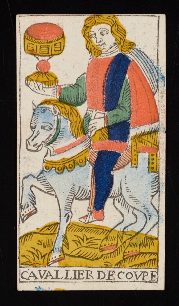 Knight of Cups in Claude Burdel’s 1751 Tarot de Marseille. Read through number, suit, geometry, posture, direction, and visible relationships.