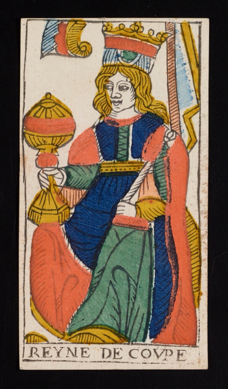 Queen of Cups in Claude Burdel’s 1751 Tarot de Marseille. Read through number, suit, geometry, posture, direction, and visible relationships.