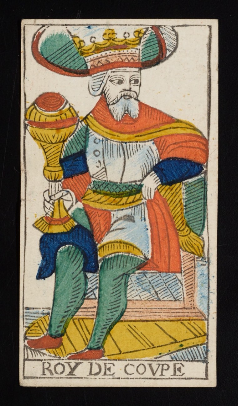 King of Cups in Claude Burdel’s 1751 Tarot de Marseille. Read through number, suit, geometry, posture, direction, and visible relationships.
