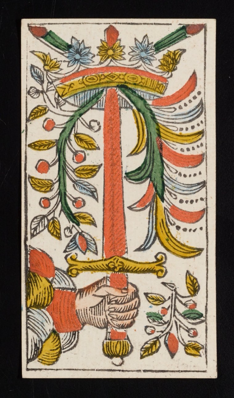 Ace of Swords in Claude Burdel’s 1751 Tarot de Marseille. Read through number, suit, geometry, posture, direction, and visible relationships.