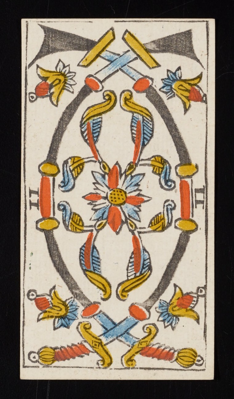 Two of Swords in Claude Burdel’s 1751 Tarot de Marseille. Read through number, suit, geometry, posture, direction, and visible relationships.