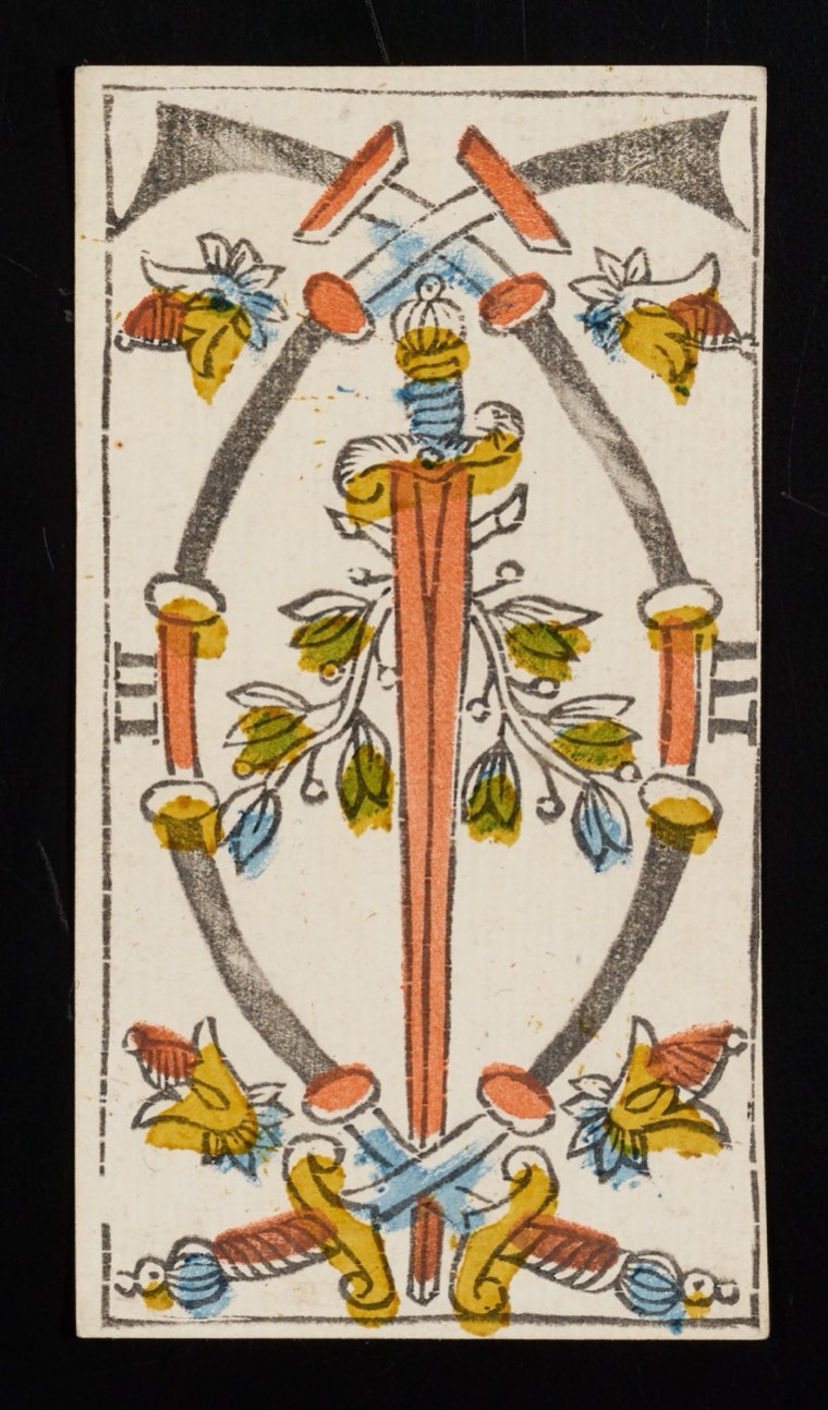 Three of Swords in Claude Burdel’s 1751 Tarot de Marseille. Read through number, suit, geometry, posture, direction, and visible relationships.